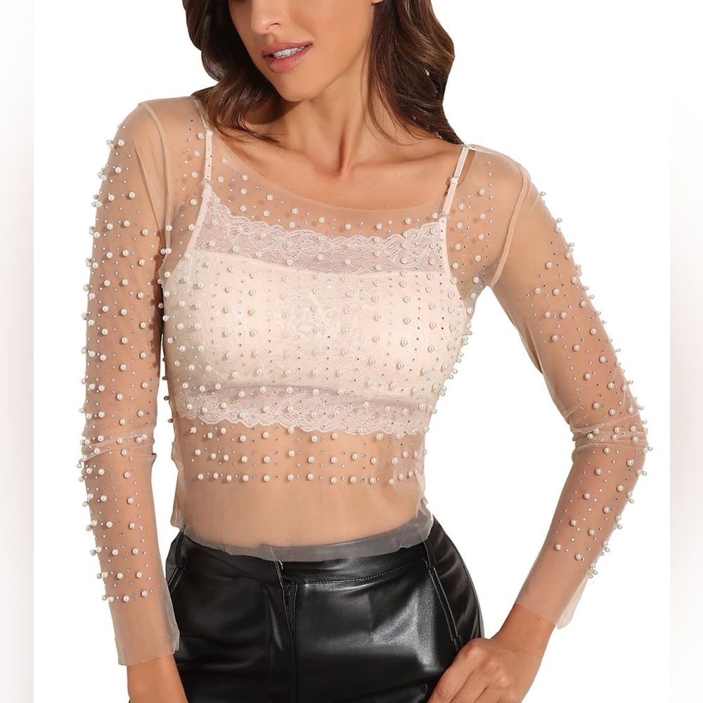 Elegant Pearl Embellished Sheer Top